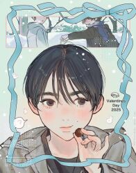  1boy black_eyes black_hair blush brown_eyes candy chocolate dated eating food highres hood hood_up jacket looking_at_viewer male_focus mole mole_on_cheek multiple_views original pipopubebu shirt short_hair solo wispy_bangs 