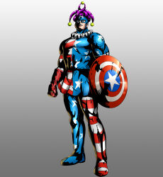 1boy american_flag american_flag_legwear american_flag_print american_flag_shirt blue_eyes captain_america closed_mouth clownpiece clownpiece_(cosplay) commentary cosplay flag_print full_body gloves gradient_background grey_background hat hidaruma holding holding_shield jester_cap male_focus marvel muscular muscular_male neck_ruff pantyhose polka_dot print_shirt purple_hat red_gloves shield shirt simple_background standing star_(symbol) star_print variant_set western_comics_(style)