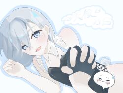  1girl bare_shoulders blue_eyes commentary_request frills happy highres kujo_unmei_(female)_(reverseblue_x_re-birthend) kuronosekai_06 mono_(reverseblue) playboy_bunny pov pov_hands reverseblue_x_re-birthend short_hair smile white_hair 