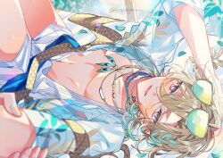  1boy 1other arm_up aventurine_(honkai:_star_rail) aventurine_(waveflair)_(honkai:_star_rail) bare_pectorals bed blonde_hair blue_hair blue_shirt braid commentary_request eyewear_on_head gg_suyari hand_on_another's_arm hand_on_own_head highres honkai:_star_rail honkai_(series) jewelry leaf linea_alba lower_teeth_only lying male_focus multicolored_eyes multicolored_hair multiple_necklaces navel necklace official_alternate_costume on_back open_mouth outstretched_arm pectorals print_shirt shirt shorts side_braid smile solo solo_focus sunglasses teeth tinted_eyewear twitter_username white_shorts yellow-framed_eyewear yellow-tinted_eyewear 