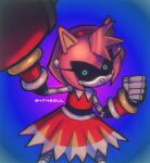  1girl 9474s0ul animal_ears artist_name blue_background clenched_hand commentary dress english_commentary green_eyes heart heart-shaped_pupils highres looking_at_viewer metal_amy red_dress robot robot_girl solo sonic_(series) standing symbol-shaped_pupils 