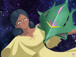  1girl absurdres artist_logo artist_name asian_indian_clothes beam_cannon bindi black_hair blurry blurry_background commentary_request dark_skin derivative_work desi dress elmeth green_eyes gundam highres lalah_sune logo mecha mobile_armor mobile_suit_gundam nebula nyahoekaki1 robot scene_reference science_fiction serious signature space spacecraft star_(sky) tunic zeon zero_gravity 