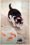  absurdres animal_focus bell cat fine_art fish fishbowl goldfish hand_net highres hunting looking_at_animal nihonga no_humans ohara_koson original plank plant traditional_media ukiyo-e 