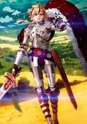  1boy arm_at_side armor armored_boots blonde_hair boots braid braided_ponytail breastplate cape carrying_over_shoulder excalibur_(fate/strange_fake) fate/grand_order fate_(series) faulds feet_out_of_frame floating_hair fur-trimmed_cape fur_trim game_asset gauntlets hand_up holding holding_sword holding_unworn_cape holding_unworn_clothes holding_weapon long_hair looking_at_viewer male_focus morii_shizuki multicolored_hair official_art parted_lips pauldrons red_cape red_eyes revision richard_i_(fate) shoulder_armor single_braid smile solo spiky_hair streaked_hair sword third-party_source two-tone_hair unsheathed unworn_cape weapon 