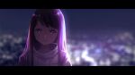  1girl blurry blurry_background cityscape closed_mouth commentary highres hood hoodie hoshino_ai_(oshi_no_ko) letterboxed long_hair night oshi_no_ko purple_hair solo star-shaped_pupils star_(symbol) symbol-shaped_pupils tornier violet_eyes white_hoodie 