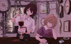  2girls analog_clock appleflower2357 ashtray blonde_hair book bow_button brown_eyes brown_hair bunsen_burner cigarette cigarette_pack clock coffee collared_dress collared_shirt commentary_request contrast_collar cowboy_shot cup dateless_bar_"old_adam" dress highres holding holding_cup holding_spoon marigold medium_hair mug multiple_girls painting_(object) parted_lips roman_numeral saucer shirt shirt_tucked_in short_sleeves spoon stirring table touhou usami_renko white_shirt wooden_table yellow_eyes 
