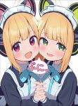  2girls :d animal_ear_headphones animal_ears blonde_hair blue_archive blue_bow blue_bowtie blush bow bowtie cat_ear_headphones cheek-to-cheek commentary_request fake_animal_ears green_eyes halo headphones heads_together interlocked_fingers looking_at_viewer maid midori_(blue_archive) midori_(maid)_(blue_archive) momoi_(blue_archive) momoi_(maid)_(blue_archive) multiple_girls official_alternate_costume open_mouth red_eyes short_hair siblings sisters smile twins ushimittsu 