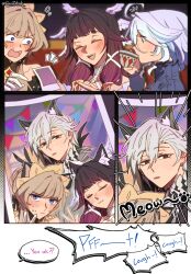  4girls :3 ahoge animal_ear_fluff animal_ears arlecchino_(genshin_impact) bare_shoulders black_collar black_eyes black_hair black_hands black_ribbon black_sleeves black_streaks blue_eyes blue_gem blue_hair blue_jacket blue_pupils blue_streaks blush bonnet brown_hair cat_ears cat_girl cesar_zebrah closed_eyes closed_mouth coat collar colored_extremities columbina_(genshin_impact) commentary cowlick cup detached_collar detached_sleeves dress drinking emphasis_lines english_commentary english_text extra_ears eyelash_ornament fake_animal_ears fingernail_gloves furina_(genshin_impact) gem genshin_impact gloves gradient_hair grey_coat hair_between_eyes hair_ornament hair_ribbon head_wings headdress highres jacket kemonomimi_mode long_hair long_sidelocks long_sleeves multicolored_hair multiple_girls multiple_wings open_mouth ouji_fashion polaroid_photo purple_hair purple_streaks red_pupils ribbon sandrone_(genshin_impact) short_hair short_hair_with_long_locks sidelocks smile speech_bubble streaked_hair sweatdrop symbol-shaped_pupils tea teacup two-tone_hair v very_long_hair white_dress white_hair white_headdress white_ribbon white_wings wing_hair_ornament wings x-shaped_pupils 