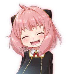  1girl ^_^ ahoge anya_(spy_x_family) artist_name black_dress blush child closed_eyes commentary_request cross_tie dress eden_academy_school_uniform facing_viewer hair_intakes hairpods highres medium_hair open_mouth pink_hair school_uniform shirt simple_background smile solo spy_x_family upper_body watermark white_background white_shirt yuizawa 