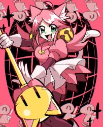  1girl :d ahoge animal_ear_fluff animal_ears bell blush_stickers breasts cat_ears cat_girl cat_tail commentary_request cowboy_shot deltarune dress fang fang_out frilled_skirt frills gloves gold_bell green_eyes hair_bell hair_ornament hand_up hands_up heart heart_background heart_locket highres holding holding_staff jewelry layered_skirt layered_sleeves locket long_hair long_sleeves looking_at_viewer mad_dummy_(undertale) mad_mew_mew magical_girl medium_breasts open_mouth pantyhose pendant pink_background pink_dress pink_frills pink_hair pink_pantyhose puffy_short_sleeves puffy_sleeves ribbon short_over_long_sleeves short_sleeves simple_background skirt smile sobabouro8 solo staff swept_bangs tail utdr_(toby_fox) v-shaped_eyebrows white_gloves white_skirt 