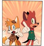  1boy 1other animal_ears animal_nose aqua_jacket arm_at_side arm_up blue_eyes body_fur bottomless bow bowtie breast_pocket brown_capelet brown_fur brown_headwear buttons capelet clenched_hand cowboy_shot digimin emphasis_lines fedora fox_boy fox_ears fox_tail furry furry_male gloves green_eyes hat jacket mini_hat multiple_tails non-web_source official_art open_mouth orange_background outstretched_arm plaid_capelet pocket pointing pointing_at_viewer profile protagonist_(the_murder_of_sonic_the_hedgehog) red_bow red_bowtie red_fur sideways_mouth sonic_(series) standing tail tails_(sonic) the_murder_of_sonic_the_hedgehog traditional_bowtie transparent_border two-tone_fur two_tails white_fur white_gloves yellow_fur 