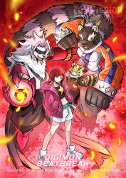  2girls abstract_background animal_helmet aqua_belt arm_cannon bearcatmon belt black_helmet black_pants blue_eyes boots brown_hair ccccockroachst clawed_gloves commission dark-skinned_female dark_skin digimon digimon_(creature) digimon_beatbreak evolutionary_line eye_mask fire furry furry_female gauntlets gloves green_eyes grey_hair hands_in_pockets helmet highres jacket long_hair mask mechanical_arms multicolored_hair multicolored_jacket multiple_girls open_clothes open_jacket open_mouth orange_boots orange_hair orange_sleeves pants pristimon red_background red_eyes red_hair red_shoes sakuya_reina sentient_stuffed_toy sharp_teeth shirt shoes short_hair shorts spiked_knuckles star_(symbol) star_print stuffed_raccoon teeth two-tone_hair two-tone_jacket very_dark_skin very_long_hair weapon white_fur white_jacket white_shoes white_shorts wolvermon zipper_pull_tab 