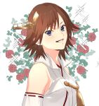  1girl bare_shoulders blue_eyes breasts brown_hair detached_sleeves flower grin headgear hiei_(kancolle) highres japanese_clothes kantai_collection leaf looking_at_viewer nontraditional_miko red_flower red_rose ribbon-trimmed_sleeves ribbon_trim rose shishanmo short_hair simple_background smile solo sparkle tassel upper_body white_background 