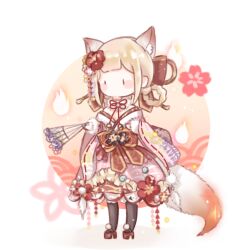  1girl animal_ear_fluff animal_ears bare_shoulders black_eyes black_flower black_pantyhose blonde_hair blunt_bangs blush_stickers bow braid braided_hair_rings cherry_blossoms chibi dress dress_flower fiery_tail fire flame_fox_(shining_nikki) flower folded_fan folding_fan fox_ears fox_girl fox_tail fur_scarf fur_wrist_cuffs geta hair_bow hair_flower hair_ornament hair_ribbon hair_rings hand_fan hitodama holding holding_fan interruption_(echo-023) kimono_dress medium_dress medium_hair neck_ribbon nikki_(series) no_mouth pantyhose pink_dress pink_flower red_bow red_flower red_ribbon red_sandals ribbon rope sandals scarf shadow shimenawa shining_nikki sidelocks solid_oval_eyes solo standing tail waist_bow white_background white_scarf white_wrist_cuffs wrist_cuffs yellow_flower yellow_ribbon 