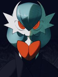  1girl alternate_color black_background black_dress black_gloves blue_hair bob_cut colored_skin dress elbow_gloves gardevoir gloves highres looking_at_viewer mega_gardevoir pokemon pokemon_(creature) shiny_pokemon simple_background user_jzvh4824 white_skin 