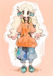  1girl aqua_bow blush bow closed_mouth expressionless full_body green_shoes grey_shorts hair_bow handa_roco hands_in_pocket headphones headphones_around_neck highres idolmaster idolmaster_million_live! jacket long_hair needle nendo23 orange_jacket outline parted_bangs pencil pink_background scissors sewing_needle shoes shorts simple_background sketch sneakers socks solo standing twintails very_long_hair wavy_hair white_outline white_socks 