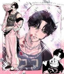  1boy black_hair character_name fangs full_body green_eyes highres in-ear_earphones jacket jewelry looking_at_viewer male_focus multiple_views necklace original pants parted_bangs pink_jacket pink_pants pipopubebu shirt short_hair solo tank_top tsurime 