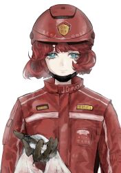  1girl absurdres alternate_costume bag black_mask blue_eyes brown_gloves closed_mouth delivery gloves helmet highres holding holding_bag jacket marsha_(reverse:1999) mask mask_pull mouth_mask plastic_bag red_hair red_helmet red_jacket reverse:1999 short_hair smile solo upper_body white_background yurya_elfead 