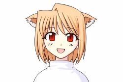  1girl :d animal_ear_fluff animal_ears arcueid_brunestud blonde_hair blush cat_ears cat_girl chibi hair_between_eyes kemonomimi_mode looking_at_viewer official_art portrait red_eyes single_hair_intake slit_pupils smile solo sweater takeuchi_takashi third-party_source tsukihime turtleneck turtleneck_sweater white_sweater 