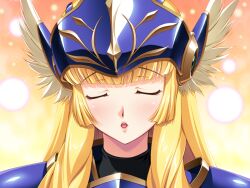  1girl armor blonde_hair blue_armor blunt_bangs blush breastplate closed_eyes facing_viewer game_asset gold_trim helmet himekishi_olivia kissing_viewer lips long_hair lune_(himekishi_olivia) non-web_source official_art open_mouth orange_background pauldrons portrait self-datamine shoulder_armor sidelocks solo urotake_wakuto valkyrie variant_set visual_novel_cg winged_helmet wings 