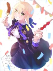  1girl absurdres alternate_breast_size_(larger) artist_name artoria_pendragon_(fate) black_dress blonde_hair blue_bow bow commentary confetti corn_dog cosplay dress fate/grand_order fate_(series) food fruit green_eyes highres long_sleeves looking_at_viewer saber_(fate) short_hair smile solo star_ornament strawberry suk_195 teeth twitter_username 