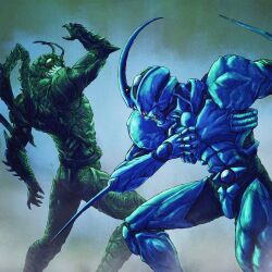  2boys adi_(adivider) antennae arm_blade armor battle biomechanical black_armor black_eyes bug century_king_sun_driver clenched_hand compound_eyes crossover elbow_spikes glowing grasshopper green_light guyver_i horns kamen_rider kamen_rider_black_sun kamen_rider_black_sun_(series) kingstone kyoushoku_soukou_guyver male_focus multiple_boys organic power_armor red_eyes rider_belt single_horn spiked_armor spikes tokusatsu weapon 