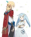  1boy 1girl aqua_hair blonde_hair cape crossed_arms dress earrings faruzan_(genshin_impact) feather_hair_ornament feathers genshin_impact green_eyes hair_between_eyes hair_ornament hairclip height_difference jewelry kaveh_(genshin_impact) long_hair moyori open_mouth red_cape red_eyes simple_background twintails white_dress x_hair_ornament 