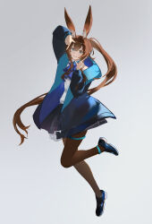  1girl absurdres amiya_(arknights) animal_ear_fluff animal_ears anklet arknights arm_up ascot black_coat black_shoes black_skirt blue_collar blue_eyes brown_hair brown_pantyhose chinese_commentary chromatic_aberration coat collar commentary_request crossed_bangs finger_frame full_body gem grey_background grin hair_between_eyes hand_up highres jewelry long_hair long_sidelocks long_sleeves looking_at_viewer minhongchen open_clothes open_coat pantyhose partial_commentary plaid_clothes plaid_skirt ponytail purple_ascot shoes sidelocks skirt smile solo sweater thighlet very_long_hair white_sweater 
