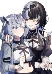  2girls absurdres asymmetrical_sleeves black_hair black_nails black_shirt carternanmen closed_mouth commentary cone_hair_bun cropped_shirt double_bun english_commentary flustered grey_eyes grey_hair hair_bun hair_ornament hand_in_another's_hair highres holding_hands hololive hololive_english hololive_idol_uniform_(color_rise) hololive_indonesia idol_clothes jitome light_blush long_hair long_sleeves looking_at_another multicolored_hair multiple_girls nail_polish navel official_alternate_costume open_mouth puffy_short_sleeves puffy_sleeves shiori_novella shirt short_sleeves simple_background single_bare_shoulder smile split-color_hair two-tone_hair upper_body vestia_zeta virtual_youtuber white_background white_shirt x_hair_ornament yellow_eyes yuri 