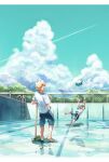  2boys alternate_costume alternate_eye_color aqua_sky arms_up bakugou_katsuki barefoot black_eyes blank_eyes blonde_hair blue_pants boku_no_hero_academia bucket bucket_of_water casual catching chain-link_fence cleaning clothes_lift clouds contrail cumulonimbus_cloud day dokka_p empty_pool falling fence freckles from_behind green_hair hand_in_pocket hand_rest hand_up highres leaning_back leg_up letterboxed looking_up male_focus midoriya_izuku mop multiple_boys open_hands open_mouth outdoors outstretched_hand panicking pants pants_rolled_up pocket pool pool_ladder profile reaching reflection reflective_water shadow shirt shirt_lift short_hair short_sleeves single_vertical_stripe slouching spiky_hair splashing standing surprised t-shirt toes_up tree wet_floor white_shirt wide-eyed wide_shot 