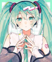  1girl :< aqua_eyes aqua_hair aqua_ribbon bare_shoulders blush border detached_sleeves facing_viewer green_border green_nails grid_background hair_between_eyes hair_ornament hatsune_miku hatsune_miku_(nt) headphones highres layered_sleeves long_hair looking_to_the_side mizunidoufu neck_ribbon number_tattoo outline outside_border ribbon see-through_clothes see-through_sleeves shirt shoulder_tattoo sleeveless sleeveless_shirt sparkle steepled_fingers tattoo twintails upper_body vocaloid white_background white_outline white_shirt white_sleeves 