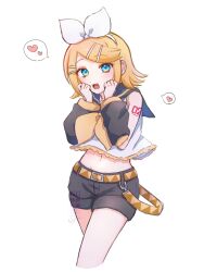  1girl belt black_sailor_collar black_shorts black_sleeves blonde_hair blue_eyes bow commentary detached_sleeves fang hair_bow hair_ornament hairclip hands_on_own_cheeks hands_on_own_face heart highres kagamine_rin looking_at_viewer midriff moku_karen navel neckerchief number_tattoo open_mouth parallel_hairclips sailor_collar shirt short_hair shorts simple_background sleeveless sleeveless_shirt spoken_heart tattoo untranslatable_commentary vocaloid white_background white_bow white_shirt yellow_belt yellow_neckerchief yellow_trim 