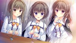  3girls black_cape black_hair bow bowtie brown_eyes brown_hair buttons cape da_capo da_capo_v double-breasted dutch_angle emblem game_asset grey_hair hair_ornament hands_up highres holding holding_string indoors jacket locker long_hair long_sleeves miniskirt multiple_girls non-web_source official_art open_mouth pink_eyes pleated_skirt sailor_collar school_uniform short_hair sitting skirt sleeve_cuffs smile standing string striped_clothes table takano_yuki_(allegro_mistic) violet_eyes visual_novel_cg white_cape white_jacket white_sailor_collar white_skirt x_hair_ornament yasaka_kako yellow_bow yellow_bowtie 