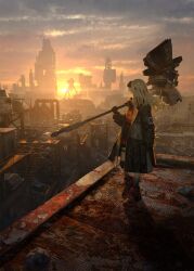  1girl absurdres black_gloves boots city coat gloves goggles goggles_on_head gyoukan_(jfxc) hammer highres long_hair nejikure_nejimaki official_art open_clothes open_coat outdoors overcast post-apocalypse rust scenery shadow sky standing sunset textless_version war_hammer weapon white_hair 