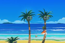  alolan_exeggutor beach bird black_hair blue_sky exeggutor fangs flying hat highres hsin long_neck multiple_heads on_tree open_mouth orange_shirt owl palm_tree pokemon pokemon_(creature) pokemon_ultra_sun_and_ultra_moon rowlet selene_(pokemon) shirt short_hair shorts sky tree water white_shorts wings 