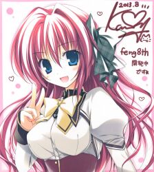  1girl absurdres artist_name asukai_hiiro blue_eyes blush bow bowtie corset cropped_torso hair_bow heart highres juliet_sleeves karory long_sleeves looking_at_viewer open_mouth puffy_sleeves red_hair scan shirt signature solo third-party_source v white_shirt yellow_bow yellow_bowtie yume_to_iro_de_dekiteiru 