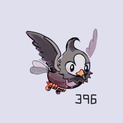  bird flying grey_background kurapixel no_humans numbered pokemon pokemon_(creature) simple_background solo starly 