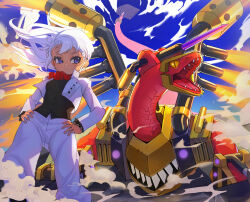  1girl ascot black_shirt blue_sky commentary_request demolition_dragon_blasthamut dragon duel_monster fangs hands_on_own_hips jacket long_hair monster mutsuba_asaka open_clothes open_jacket pants red_ascot shirt sky violet_eyes white_hair white_jacket white_pants yu-gi-oh! yu-gi-oh!_go_rush!! yuzutaroman 