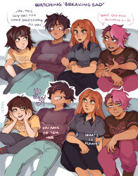  1boy 1other 2girls absurdres arm_tattoo black_skirt black_sweater blue_eyes brown_eyes collared_shirt commentary earrings english_commentary english_text freckles grey_pants grey_shirt grin hairstyle_request hands_on_own_cheeks hands_on_own_face heterochromia highres humanization ikimaru indian_style jax_(the_amazing_digital_circus) jewelry laughing long_hair long_skirt medium_hair multiple_girls necklace open_mouth pants pearl_necklace pomni_(the_amazing_digital_circus) purple_hair purple_pants ragatha_(the_amazing_digital_circus) shirt short_hair sitting skirt smile stud_earrings sweater tan tattoo teeth the_amazing_digital_circus upper_teeth_only watermark yellow_shirt zooble_(the_amazing_digital_circus) 