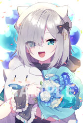  1girl :d aqua_eyes balloon black_bow blue_flower bouquet bow commentary_request cross flower grey_hair hair_bow hat highres holding kaga_sumire kaga_sumire_(4th_costume) looking_at_viewer mochizuki_mochi official_art open_mouth sample_watermark second-party_source smile solo teeth tongue upper_teeth_only virtual_youtuber vspo! watermark white_flower white_hat 