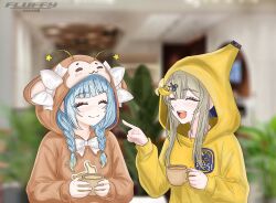  2girls absurdres amanogawa_shiina amanogawa_shiina_(shiinana) blonde_hair blue_hair blunt_bangs blurry blurry_background braid closed_eyes coffee_mug cup fluffycataaa highres holding holding_cup hood hoodie jelly_hoshiumi jelly_hoshiumi_(monkey) mug multiple_girls open_mouth phase_connect pointing pointing_at_another scissors_hair_ornament sidelocks signature smile upper_body virtual_youtuber 