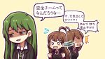  1boy 1girl ^^^ ahoge black_jacket brown_hair brown_necktie collared_shirt commentary_request flying_sweatdrops green_hair green_necktie hair_ornament hairclip hatake_shimeji hod_(project_moon) jacket lobotomy_corporation long_hair necktie netzach_(project_moon) o_o open_clothes open_collar open_jacket open_mouth project_moon shaded_face shirt smile sweat translation_request white_shirt yellow_background 
