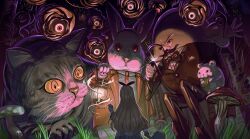  1girl absurdres alice's_adventures_in_wonderland alice_(alice_in_wonderland) blonde_hair cat cheshire_cat_(alice_in_wonderland) commentary_request dormouse_(alice_in_wonderland) forest highres humpty_dumpty kosh lantern long_hair looking_at_another magnifying_glass march_hare_(alice_in_wonderland) mini_person minigirl mouse_(animal) nature red_eyes stuffed_animal stuffed_rabbit stuffed_toy suit surreal 