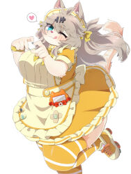  1girl alternate_costume animal_ears apron bandaid blue_eyes blush bow bowtie breasts cat_ears cat_girl cat_tail closed_mouth commentary_request dress enmaided foot_out_of_frame four-finger_heart_hands frilled_apron frilled_dress frills furrification furry furry_female grey_hair heart heart_hands kasukabe_tsumugi konbulatte large_breasts long_hair looking_at_viewer maid maid_headdress one_eye_closed roller_skates short_sleeves simple_background skates smile solo spoken_heart standing standing_on_one_leg striped_clothes striped_thighhighs tail thigh-highs voicevox white_background yellow_apron yellow_bow yellow_bowtie yellow_dress yellow_thighhighs 