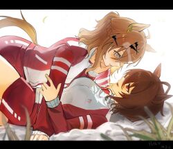  2girls agnes_tachyon_(umamusume) ahoge animal_ear_piercing animal_ears black_border blonde_hair blush border braid breasts brown_hair commentary dated earrings finger_to_another's_mouth grass hair_between_eyes hair_ornament hairclip half_up_half_down_braid horse_ears horse_girl horse_tail jacket jewelry jungle_pocket_(umamusume) knee_up large_breasts letterboxed lower_teeth_only lying medium_hair multicolored_hair multiple_earrings multiple_girls multiple_hairclips on_back open_mouth outdoors pairing_name parted_lips pinned red_eyes shorts smile streaked_hair superduckvv tail teardrop_earrings teeth tracen_training_uniform track_suit umamusume white_streaks yellow_eyes yukadon yuri 
