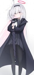  1girl black_choker black_coat black_hairband black_pantyhose black_sailor_collar black_serafuku black_shirt black_skirt blue_archive blunt_bangs blush bow braid choker closed_mouth coat colored_inner_hair commentary eyes_visible_through_hair feet_out_of_frame grey_eyes hair_bow hair_over_one_eye hairband halo high-waist_skirt highres holding holding_umbrella kote_(kote_arcive) long_hair looking_at_viewer multicolored_hair neckerchief open_clothes open_coat pantyhose pink_hair plana_(blue_archive) pleated_skirt red_halo red_pupils sailor_collar school_uniform serafuku shirt simple_background single_braid skirt solo standing straight_hair two-tone_hair umbrella upskirt very_long_hair white_background white_bow white_hair white_neckerchief 