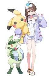  1girl 1other blush braid breasts brown_eyes brown_hair camisole character_doll claws closed_eyes closed_mouth coletta_(colet_colettia) commentary_request doll floragato full_body furry green_fur highres holding holding_doll jacket juliana_(pokemon) long_sleeves mask mask_on_head one_eye_closed open_clothes open_jacket open_mouth pikachu pokemon pokemon_(creature) pokemon_scarlet_and_violet purple_jacket shorts simple_background sleep_mask sleepy slippers small_breasts stuffed_animal stuffed_toy white_background white_camisole white_shorts yawning 