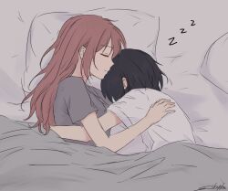  2girls black_hair brown_hair commentary cuddling english_commentary grey_shirt highres long_hair multiple_girls naoi_(zenbu_kowashite_jigoku_de_aishite) pillow shirt short_hair silvxrkrw sleeping under_covers white_shirt yoshizawa_kurumi yuri zenbu_kowashite_jigoku_de_aishite zzz 