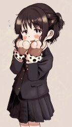  1girl animal_hands black_eyes black_hair black_skirt blazer blush commentary_request gloves highres igarashi_yuusuke_(wabisabi_buriki) inubouzaki_tama jacket looking_at_viewer mahou_shoujo_ikusei_keikaku mahou_shoujo_ikusei_keikaku_unmarked open_mouth paw_gloves pleated_skirt school_uniform short_hair skirt smile tama_(mahoiku) 
