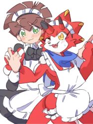  2boys amanokawa_hiro apron betelgammamon black_bow black_dress blue_scarf bow brown_hair colored_skin commentary_request crossdressing crossdressing_(mtf) digimon digimon_(creature) digimon_ghost_game dress enmaided fangs frilled_apron frills green_eyes highres holding_hands horns long_sleeves maid maid_apron maid_headdress male_focus male_maid miim10140996 multiple_boys open_mouth scarf simple_background skirt triceratops white_apron white_background yellow_eyes 